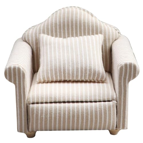 Csafyrt 1 12 Skala Dollhouse Möbel, Vintage Dollhouse Couch mit Kissen Sessel Wohnzimmer Möbel Holzstoff Rahmen Einzellesstuhl für Raumszenendekor, Streifen von Csafyrt