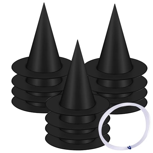 Csafyrt 12 -pcs Witch Hut hängende Halloween Hexenhüte Klappbare Zaubererhut mit 1 Roll Nylonkabel wiederverwendbares schwarzes schwarzes Dekor für Garten Veranda Decke Halloween Dekorationen von Csafyrt