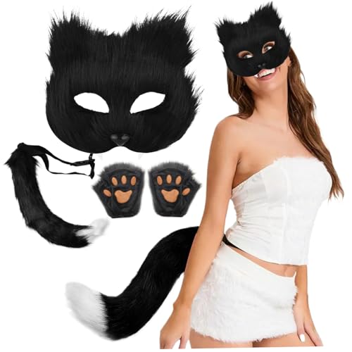 Csafyrt 3pcs/Set Therian Gear Therian Maske und Schwanzhandschuhe Set halb Gesichtsfuchsmaske mit verstellbarem Schnallen pelziger Schwanz für Halloween Cosplay Fox Black von Csafyrt