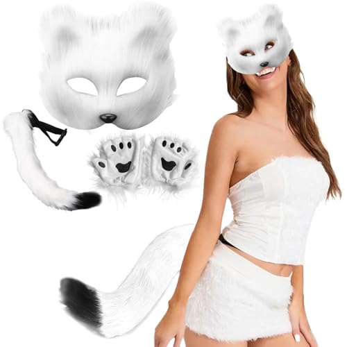 Csafyrt 3pcs/Set Therian Gear Therian Maske und Schwanzhandschuhe Set halb Gesichtsfuchsmaske mit verstellbarem Schnallen pelziger Schwanz für Halloween Cosplay Fox White Csafyrt 3pcs/Set Therian Gear Therian Maske und Schwanzhandschuhe Set halb Gesichtsfuchsmaske mit verstellbarem Schnallen pelziger Schwanz für Halloween Cosplay Fox White von Csafyrt