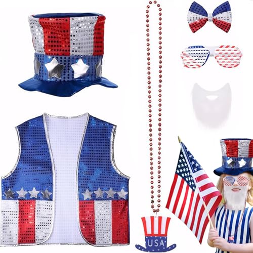 Csafyrt 4. Juli Outfits 6PCS/Set Patriotic Independence Day Thema American Flag Outfit 4. Juli Accessoires mit Hut, Weste, Sonnenbrille, Halsketten, Bogen, Bart Csafyrt 4. Juli Outfits 6PCS/Set Patriotic Independence Day Thema American Flag Outfit 4. Juli Accessoires mit Hut, Weste, Sonnenbrille, Halsketten, Bogen, Bart von Csafyrt