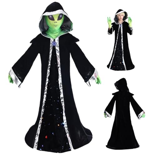 Csafyrt Alien Kostüm Kids Halloween Alien Outfit beinhaltet Kapuzengewand, Handschuhe ＆ Maske, Halloween-Kostüme für Kinder 10-12 Treps Play, Cosplay, Carnival ＆ Dekorationen L. von Csafyrt