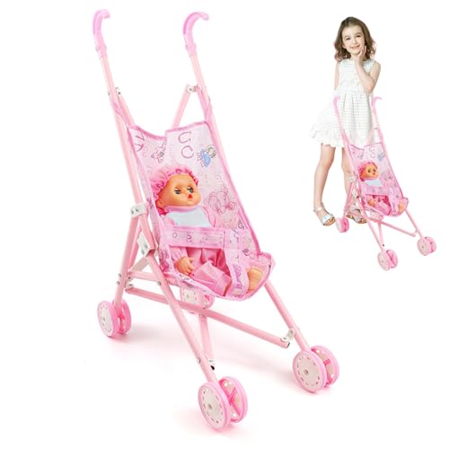 Baby DUVER KOMMER Set 2PCS/Set Klappbares Puppenwagen mit Puppe niedliche Möglichkeit, Babypuppe mit tragbarem Kleiderpuppenwagen für Kleinkinder Girls von Csafyrt
