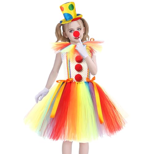 Csafyrt Clown Kostüm für Mädchen 1 Set Bunt Clown Kostüm umfasst Hut, Nase, Handschuhe und Rock Nylon Circus für Halloween, Cosplay, Party, Bühne von Csafyrt