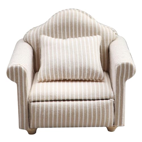 Csafyrt Dollhouse Couch 1/12 Miniatur Beige Stripe Dollhouse Stuhl mit dekorativem Wurfkissen multifunktionale Möbel für Wohnzimmer oder Schlafzimmer, Single Couch von Csafyrt