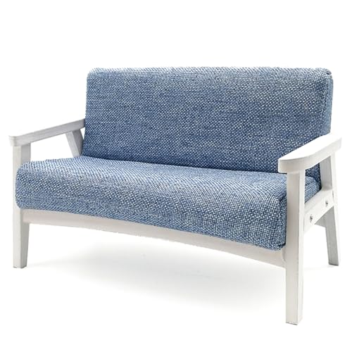 Dollhouse Couch mit Armlehre 1:12 Skala weißes Rahmenpuppenhaus -Sofa mit blau grauem Kissen 4.5x2,4x2,8 Holzmöbel für Wohnzimmer, Schlafzimmer von Csafyrt