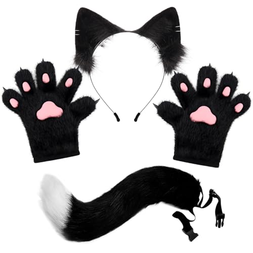 Csafyrt Fox Kostüm 1 Set Realistic Black Therian Kostüm umfasst Fox -Handschuhe, Ohren und Schwanz, dekorative Therian -Ausrüstung für Maskerade, Cosplay, Party, Halloween von Csafyrt