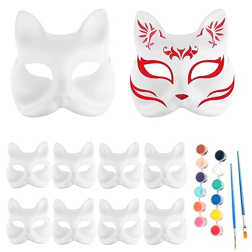 Csafyrt Fox Mask 10pcs DIY Cat Mask Cosplay Blank Halloween Gesichtsmaske mit 12 Farbenpigmenten und 2 Bürsten handbemalte weiße Papiermasken für Halloween-Party-Cosplay von Csafyrt