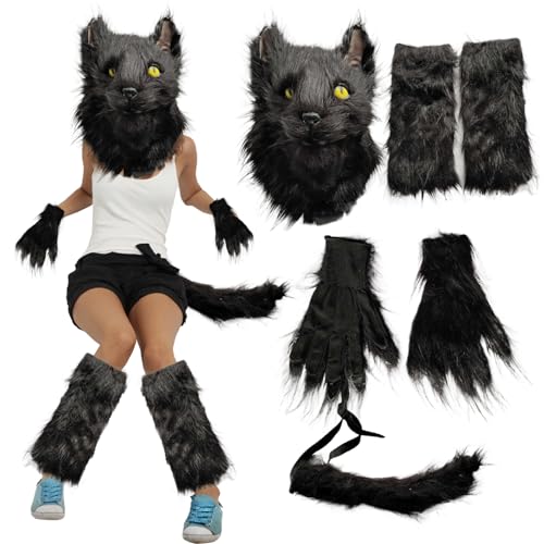 Csafyrt Halloween Black Cat Kostüm für erwachsene Frauen mit pelzigen Katzenmaskenpfotenschuh Schwanz- und Beinwärmer Fuchs Wolf Pelzige Kostüm für Cosplay -Party -Requisiten von Csafyrt
