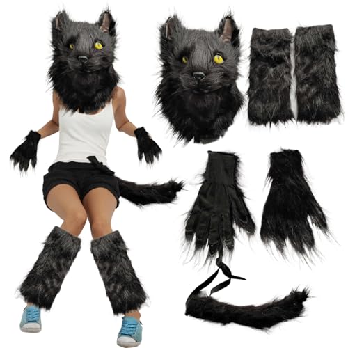 Csafyrt Halloween schwarzer Katzenkostüm für erwachsene Frauen mit pelziger Katzenmaske, Pfotenhandschuhe, Schwanz- und Beinwärmer Fuchs Wolf Pelzige Kostüm für Cosplay -Party -Requisiten Csafyrt Halloween schwarzer Katzenkostüm für erwachsene Frauen mit pelziger Katzenmaske, Pfotenhandschuhe, Schwanz- und Beinwärmer Fuchs Wolf Pelzige Kostüm für Cosplay -Party -Requisiten von Csafyrt