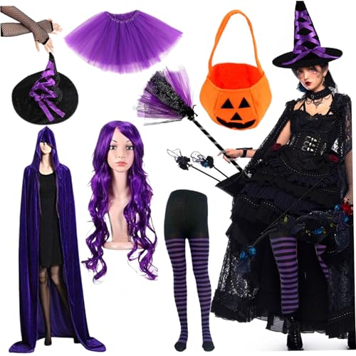 Csafyrt Hexenkostüm, lustige gotische Hexenkostüminnen beinhalten Perücken, Hut, Umhang, Besen, Schuhe, gestreifte Strümpfe und Kleidung für Frauen Girl Cosplay Party Accessoire Csafyrt Hexenkostüm, lustige gotische Hexenkostüminnen beinhalten Perücken, Hut, Umhang, Besen, Schuhe, gestreifte Strümpfe und Kleidung für Frauen Girl Cosplay Party Accessoire von Csafyrt