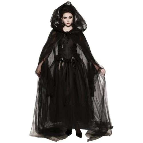 Csafyrt Hexenkostüm für Frauen 1 Set Vintage Renaissance besticktes Geisterbraut Kostüm gruseliger Schwarzgeister für Halloween, Cosplay, Spuk Mansion, L. von Csafyrt