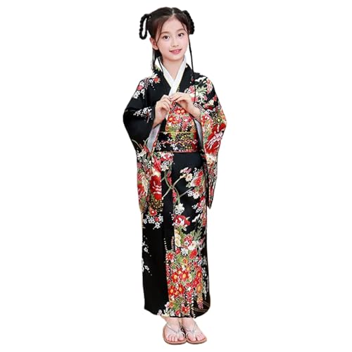 Csafyrt Kinder Kimono für Mädchen Blumendruck Seiden Geisha Kostüm mit hinteren Bogen elegant sanfte yukata japanische Kimono für Cosplay Halloween Dress up Größe 150 von Csafyrt