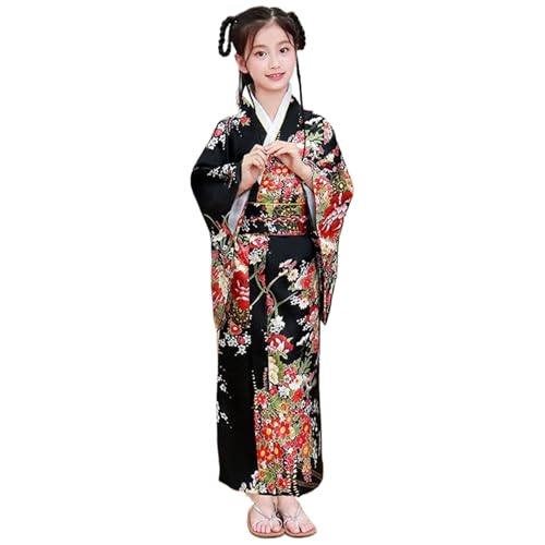 Csafyrt Kinder Kimono für Mädchen Blumendruck Silk Geisha Kostüm mit hinteren Bogen elegant sanfte yukata japanisch kimono für Cosplay Halloween Dress up Größe 140 von Csafyrt