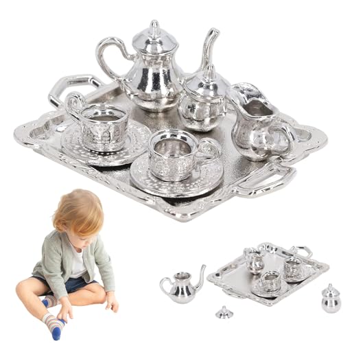 Csafyrt Mini -Tee -Set, Metall 1/12 Miniature -Tee -Set, Vintage -Muster winziges, dekoratives Mini -Tassen -Tablett -Kit für Dollhouse House Ornament von Csafyrt