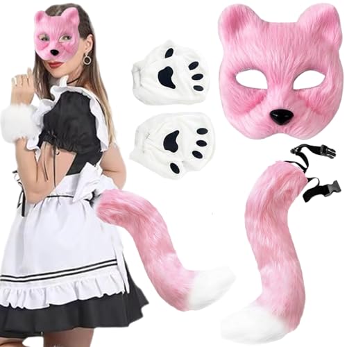Csafyrt Therian Maske und Schwanz, Plüschpelzmaske Cosplay Kostüm Set mit Fox Tail Paw Handschuhen Halloween Weihnachtsfeier für Mädchen Frauen von Csafyrt