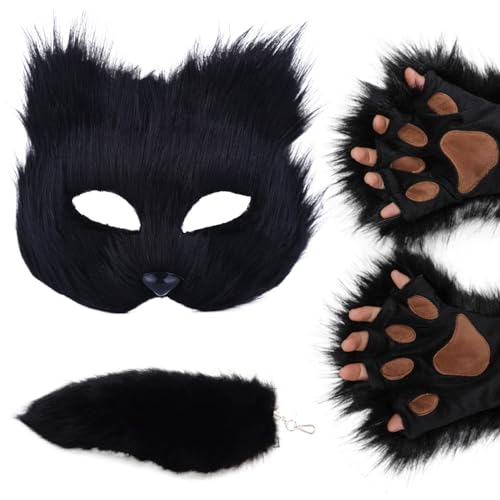 Csafyrt Therianische Maske mit halber Gesicht, gefälschte therianische Schwänze und Faux Paws Handschuhe, weiche pelzige Ausrüstung, pelziges Kostüm für Maskerade Party Ostern Cosplay Csafyrt Therianische Maske mit halber Gesicht, gefälschte therianische Schwänze und Faux Paws Handschuhe, weiche pelzige Ausrüstung, pelziges Kostüm für Maskerade Party Ostern Cosplay von Csafyrt