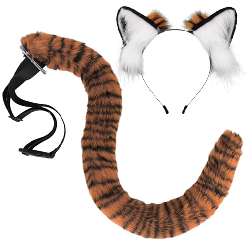 Csafyrt Tigerohren Stirnband- und Tiger -Schwanz -Set, Simulationskostüm, weiche pelzige Ohren, biegsamer Kunstschwanz mit verstellbarem Riemen für Halloween -Cosplay -Party -Kostümzubehör, Stil 1 Csafyrt Tigerohren Stirnband- und Tiger -Schwanz -Set, Simulationskostüm, weiche pelzige Ohren, biegsamer Kunstschwanz mit verstellbarem Riemen für Halloween -Cosplay -Party -Kostümzubehör, Stil 1 von Csafyrt