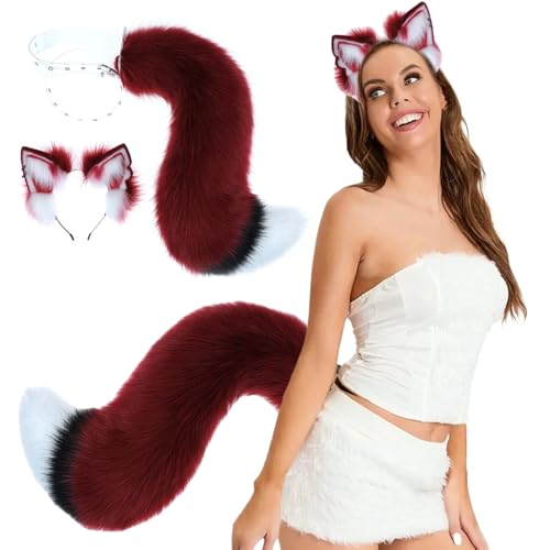 Csafyrt Wolf Ohren und Schwanzset Pelzige Kunstpelz Plüsch Fuchs Ohren und Schwanz einstellbarer Therian für Halloween Cosplay Party Kostümzubehör von Csafyrt