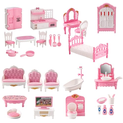 Csafyrt Dollhouse Möbel 4 Sets realistische Miniaturpuppenhausmöbel Set für Schlafzimmer, Badezimmer, Küche und Wohnzimmer DIY -Accessoires für das Spielenspiel von Csafyrt