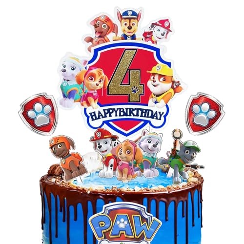Ctxtqtdt Paw Dog Tortendeko 4. Geburtstag Junge Mädchen, Cake Topper, Kuchen Deko Set, Happy Birthday Topper für Kinder Party Supplies (4) von Ctxtqtdt