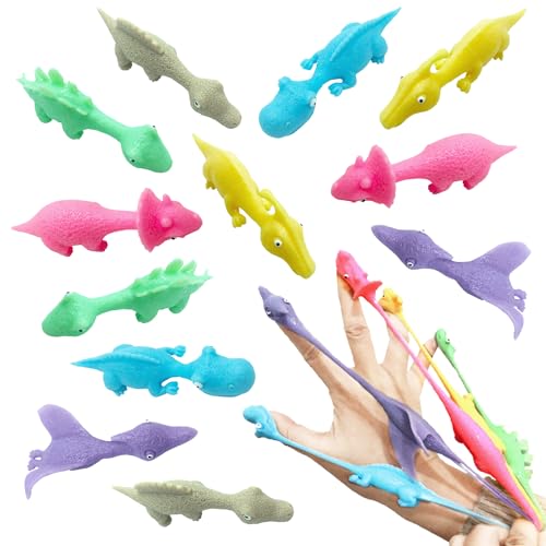 Cuackamily 12 Stück Schleuder Dinosaurier Spielzeug, Slingshot Dinosaur Fingerspielzeug Toys, Lustige Fliegende Dino Finger Schleuder Spielzeug, Partyspielzeug für Kinder Erwachsene (Zufällige Farbe) von Cuackamily