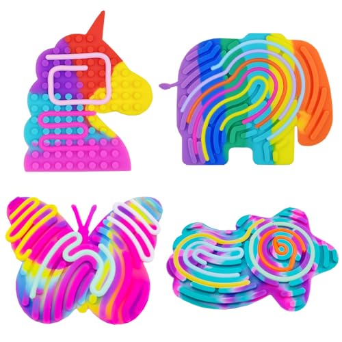 Cuackamily 4 Stück Sensory Activity Board, Einhorn Sensorisches Aktivitätsbrett, Regenbogen-Elefant Fidget Spielzeug for Kinder und Erwachsene Silikon Fidget Toys zur Stressabbau, ADHD, Autismus von Cuackamily