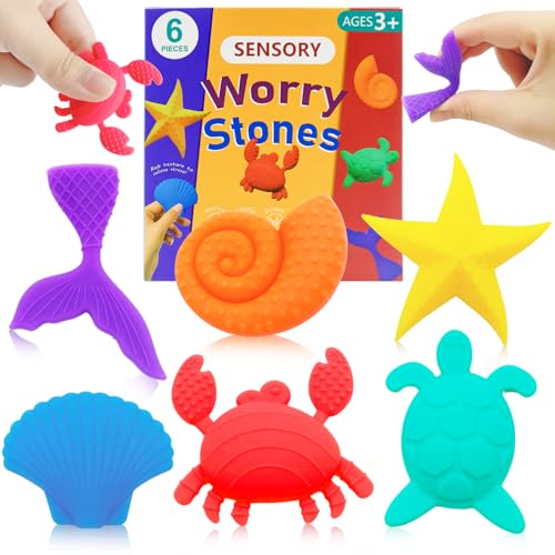 Cuackamily 6 Stück Sensory Fidget Toys,Meerestiere texturierte Sorge Stein sensorische Spielzeug für Kinder mit Autismus Angst Relief sensorische Spielzeug für Kinder und Erwachsen Geburtstag Geschenk von Cuackamily