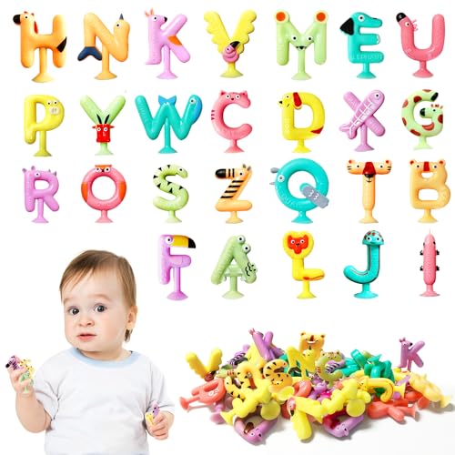 Cuackamily Saugnapf Spielzeug Baby, 26 Stück Montessori Spielzeug, Sensorik Spielzeug Badewannen Spielzeug für Mädchen Jungen, Lustige Silikon Cartoon Wasserspielzeug Geschenk für Kinder Toddler von Cuackamily