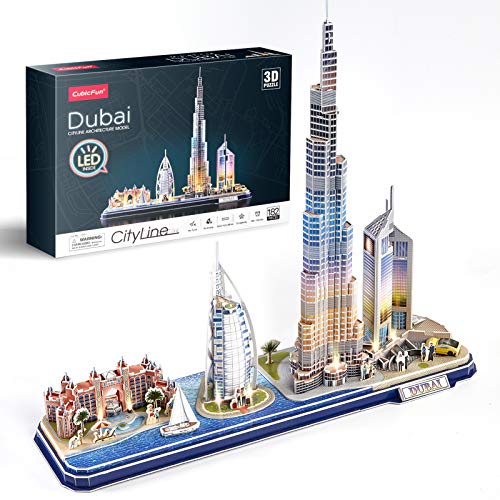 CubicFun 3D Puzzle Dubai LED CityLine - Atlantis The Palm Dubai, Burj Al Arab Jumeirah Hotel, Burj Khalifa, Emirates Towers Kits und Souvenirgeschenk 182 Stück von CubicFun