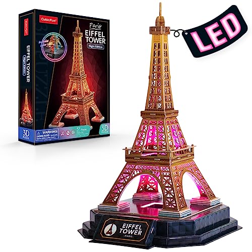 CubicFun 3D Puzzle LED Eiffelturm mit bunten Lichtern 3D Puzzles für Erwachsene Modellbaukästen Franch Building Crafts für Brain Teaser Architektur Schreibtisch Puzzle Geschenke für Frauen Männer von CubicFun