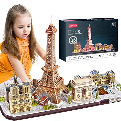 CubicFun 3D Puzzle Paris, France LED CityLine Eiffelturm, Notre Dame de Paris, Louvre, Arc de Triomphe-Deko-Kits und Souvenirgeschenk, 115 Stück von CubicFun