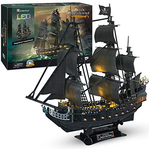 CubicFun Puzzle 3D LED 68 cm Black Pearl – Modell eines Bootes der Queen Anne's Revenge, Geburtstagsgeschenk für Erwachsene, 340 Teile von CubicFun