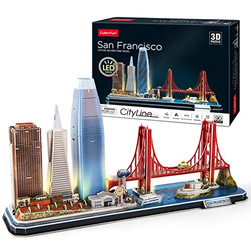 CubicFun 3D Puzzle San Francisco LED CityLine - Golden Gate Bridge, 555 California Street und andere SF Sehenswürdigkeiten Kits und Souvenirgeschenk 90 Stück von CubicFun