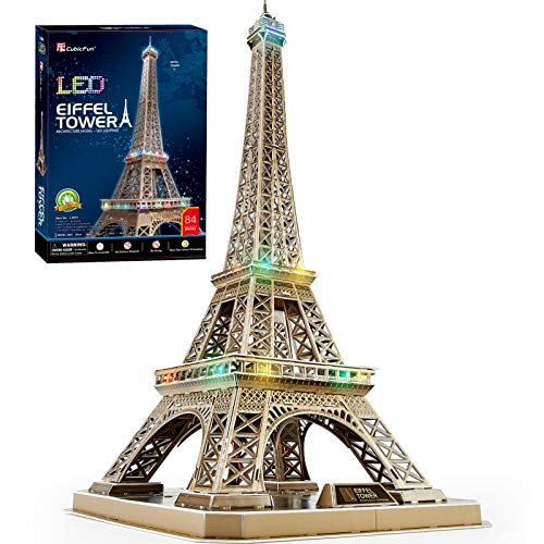 CubicFun 3D Puzzles Frankreich LED Tour Eiffel Architektur Modellbausätze für Erwachsene, DIY Papercraft Beleuchtung Paris Eiffelturm Dekoration Geschenk Spiel Spielzeug, 82 Stück von CubicFun