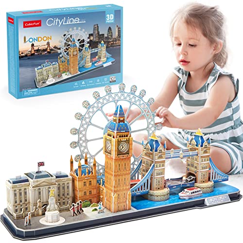 CubicFun 3D Puzzle UK London CityLine - Tower Bridge, Big Ben, Buckingham Palace, London Eye, Queen Victoria Monument, Gebäudemodell Kits Geschenk und Souvenir für Erwachsene und Kinder, 187 Stück von CubicFun