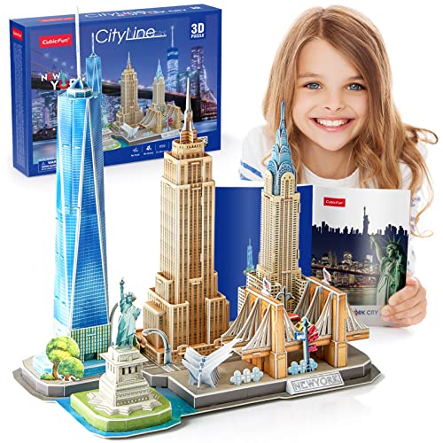 CubicFun MC255h-NEW 3D Puzzle New York Modellbausätze US DIY Dekoration und Souvenir Geschenk für Erwachsene und Kinder, Freiheitsstatue, Empire State Building, Chrysler Building, 123 Stück von CubicFun