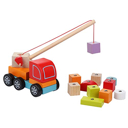 Cubika 13982 13982-Camión Grúa de Madera Kinderspielzeug aus Holz, Mehrfarbig von Cubika
