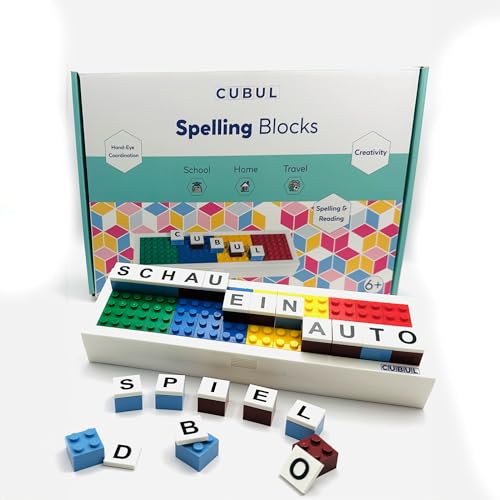 Lesen und schreiben Lernen - CUBUL Spelling Blocks - Lernspiel ab 5 mit 40 Buchstaben Bausteinen in praktischer Box - Kindergarten Vorschule und Grundschule, Schulanfänger von Cubul