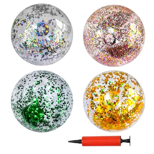 Cudeyrey 4 Stück Aufblasbare Glitter Wasserbälle, Wasserball Aufblasbar, 40cm Glitter Inflatable Beach Ball, Schwimmbad Party Ball mit Ballonpumpe, für Kinder Erwachsene Sommer Aktivitäten von Cudeyrey