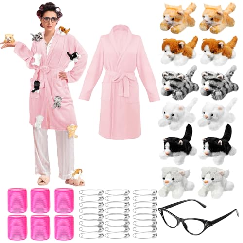 Cuffbow 44-teiliges Halloween-Katzen-Bademantel-Set für Damen, Erwachsene, Cosplay, Katzenliebhaber, Pink, L or XL von Cuffbow