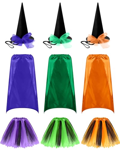 Cuffbow 9-teiliges Halloween-Hexenkostüm-Zubehör-Set für Damen, Hexenhut, Tutu, Rock, Umhang für Erwachsene, Cosplay-Party, Einheitsgröße, Lila, Grün, Orange, approx. 31.5 x 31.5 inches/ 80 x 80 cm von Cuffbow