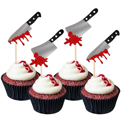 12 Stück Halloween Messer Tortendeko, Blutmesser Cupcake Toppers, Halloween Glitter Horror Blood Knife Cupcake Toppers, Blutmesser-Thema, Geburtstagsparty-Zubehör, Party Kuchen Dekorationen von Cuicany