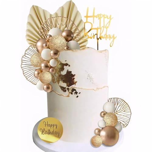 30 Stück Boho Tortendeko Dekoration Mädchen, Tortendeko Kugeln Gold Weiße Cake Topper, Cake Topper Gold Palmblätter Böhmische Weißgoldkugel, Kuchen Kugeln Dekoration Boho Partyzubehör von Cuicany
