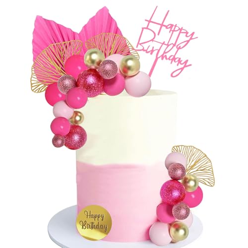 30 Stück Boho Tortendeko Dekoration Mädchen, Tortendeko Kugeln Rosa Weiße Cake Topper, Cake Topper Rosa Palmblätter Böhmische Weißgoldkugel, Kuchen Kugeln Dekoration Boho Partyzubehör von Cuicany