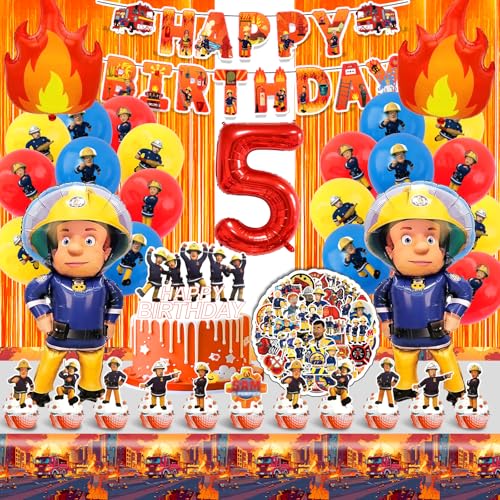 Feuerwehr Deko Kindergeburtstag 5 Jahre,Feuerwehrmann Luftballons Geburtstag 110 Pcs,Feuerwehr Thema Helium Ballon Folienballon,Feuerwehrauto Party Geburtstagsdeko Kit mit Banner Tortendeko Aufkleber von Cuidongsheng