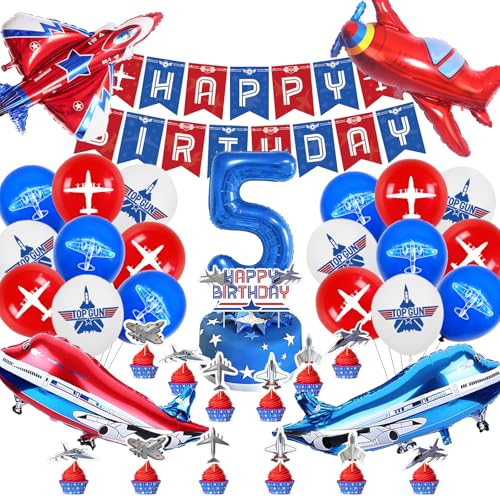 Flugzeug Luftballons Geburtstag 5 Jahre,Flugzeug Kindergeburtstag Deko 52 Stück,Flugzeug Thema Jungen Mädchen Geburtstagsdeko,Airplane Party Ballon Helium Set mit Banner Tortendeko von Cuidongsheng