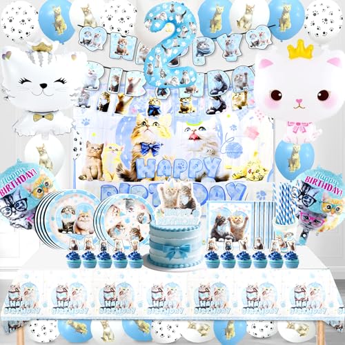 Katze Geburtstag Deko 2 Jahre Mädchen,Luftballons Katzen Kindergeburtstag,Kit Geburtstagsdeko Katze mit Banner Teller Tischdecken Kuchendeko,Katze Thema Haustiere Party Ballons Helium von Cuidongsheng