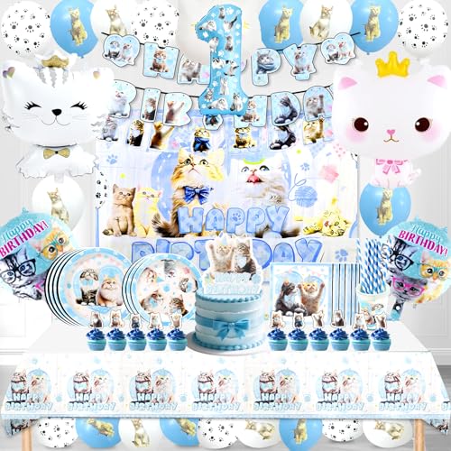 Katzen Deko Geburtstag Luftballon,Katze Ballons Geburtstag 1 Jahr,Katzen Kindergeburtstag Kit mit Bannern Servietten Teller Tortendeko,Katze Thema Haustier Party Geburtstagsdeko von Cuidongsheng
