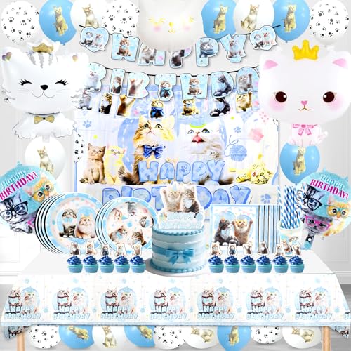 Katzen Geburtstag Deko Mädchen,Katze Luftballon Set,Katzen Deko Kindergeburtstag Kit mit Bannern,Servietten,Tortendeko,Katze Thema Haustier Party Ballons Helium,Tier Geburtstagsdeko von Cuidongsheng